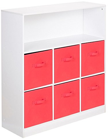 URBNLIVING White Wide 7 Cube Bookcase + 6 Red Non Woven Drawers