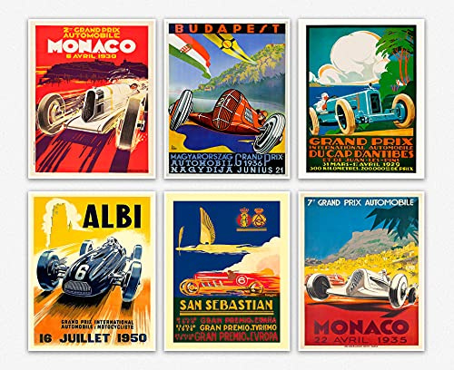 WallBUddy Set of 6 Car Racing Grand Prix Posters F1 Poster Formula 1 poster Car racing Print Motor Racing Poster 1930, 1936, 1937, 1952, 1966, 1970 (13cm x 18cm)