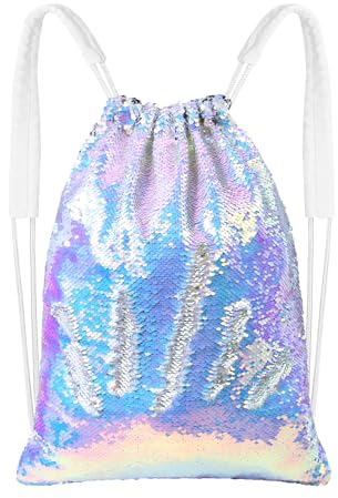 MHJY Meerjungfrau-Pailletten-Tasche, glitzernde Pailletten-Kordelzug, Rucksack, Glitzer, Sport, Tanztasche, glänzend, Reiserucksack, Meerjungfrau lila/silber