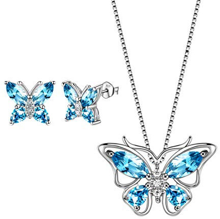 Aurora Tears Schmetterling Halskette/Ohrringe Set 925 Sterling Silber März Birthstone blau Aquamarin Schmuck Set Tiere Schmuck für Frauen und Mädchen DS0035S