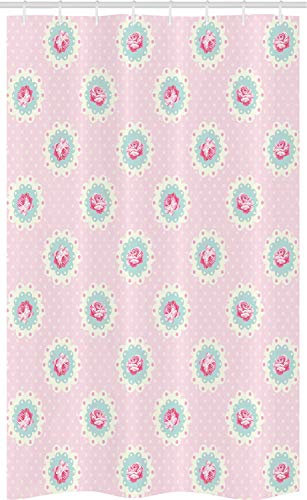 ABAKUHAUS Vintage Schmaler Duschvorhang, Pastellton Retro Blumen, Badezimmer Deko Set aus Stoff mit Haken, 120 x 180 cm, Seafoam Weiß Rosa
