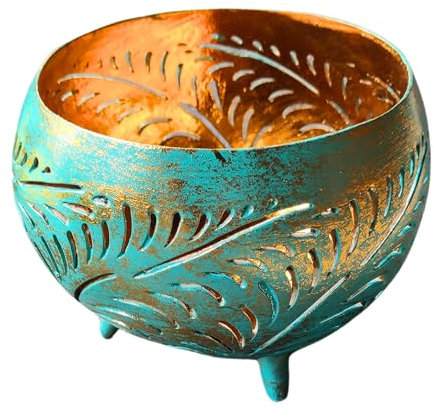 Windlicht aus Kokosnuss in türkis Gold, mit 3 Füssen handgeschnitzt in Bali, echte Kokosnuss, Natur, Teelichthalter,