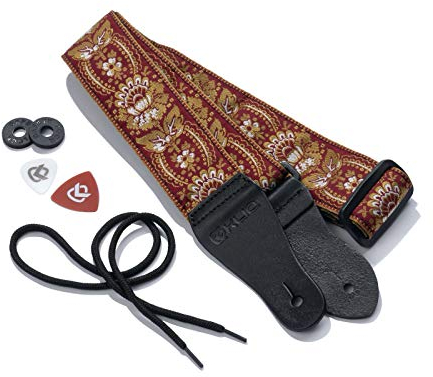 KLIQ Gewebter Retro-Gitarrengurt für Akustik- und E-Gitarren, 60er Jahre, Jacquardgewebe, Hootenanny-Stil, 2 Gummi-Gurtsicherungen im Lieferumfang enthalten, Flower-Crimson/Gold Sunburst