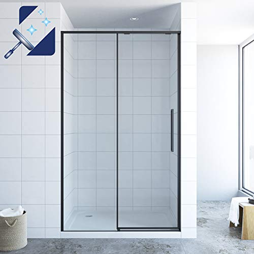 AQUABATOS® Schiebetür Dusche 120 cm breite 195 cm höhe SlimLine Design schwarz matt Duschtür Gleittür in Nische Duschwand Glas Duschabtrennung 8 mm Klarglas mit Nanobeschichtung ohne Duschwanne