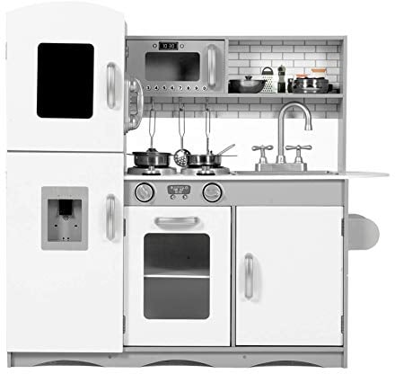 Kidoz Signature Kids Wooden Kitchen, Large Pretend Role Play Kitchen With Realistic Oven, Microwave and Sink With Taps, Kitchen Playset With Sounds And Lights For Kids (Grey Kitchen With Utensils)