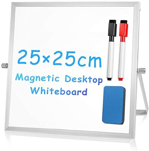 Compact Magnetic Whiteboard with Dual-Sided Easel - 25x25cm - Perfect for Office and Home Use, Includes 2 Erasable Pens & Eraser
