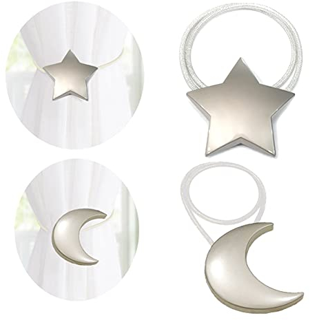 Magnetische Vorhangsteuerbacks 1 Paar Vorhang Clips Seilhalte Mond und Sternform Fenster Vorhang Binden Sie Silber für Home Office Art Dekorative Vorhänge
