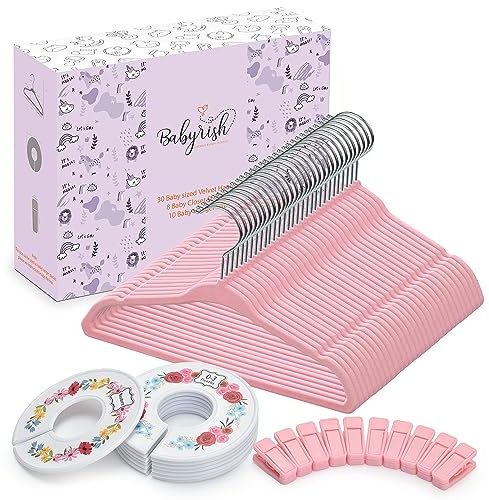 Babyrish Samt-Baby-Kleiderbügel, 10 Clips, 8 Größenmarkierungen, 30 Stück, 27,9 cm, ultraschlanke Baby-Kleiderbügel, Rutschfester Filz, platzsparender Organizer für Kinderzimmer und Schrank, Pink