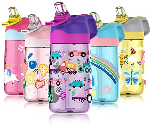 Fjbottle Kids Water Bottle with Straw, BPA Free Leak Proof 450ml Drinking Bottle, Eco Friendly Tritan Sports for Kids, One Click Flip Lid