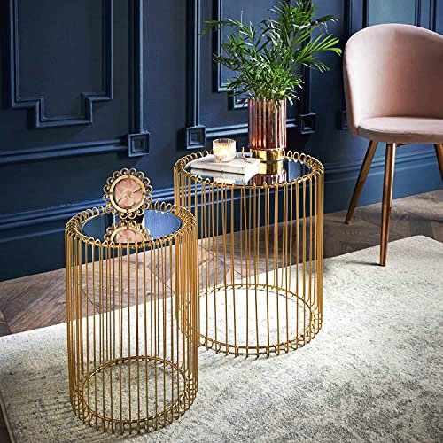 OTZ Round Nesting Side Table Set of 2 – Gold Wireframe Metal + Mirrored Glass Top – No Assembly, Luxury Accent for Living Room & Bedroom Coffee Table