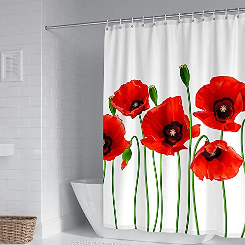 Banemi Rideau De Baignoire Rideau Douche Tissu Polyester Tissu Imperméable 180x200cm Coquelicots Rouges Rouge Vert Blanc