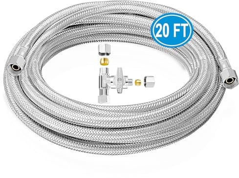 Premium Stainless Steel Braided Refrigerator Water Line Kit - 20FT With Tee Stop Valve, Foodgrade PEX Inner Tube for Ice Maker - 1/4 Fittings Included