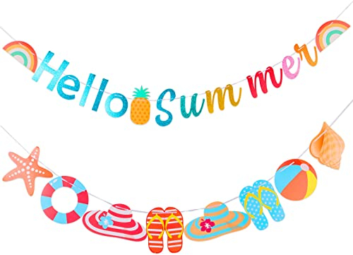 Hallo Sommer Banner Glitzer Strand Muster Banner Bunte Sommer Schwimmbad Party Wimpel Girlande Banner Mit Regenbogen Schild Strand Party Dekorationen