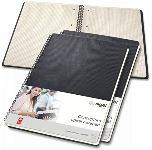 SIGEL CO820/3 Premium Spiralblock A4, kariert, schwarz, 80 Blatt, sehr stabiler Hardcover-Einband, 3er Pack, Einsteckfach, aus nachhaltigem Papier, Conceptum