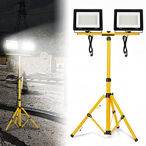 LZQ Projecteur de chantier LED 2 x 200 W blanc froid 16000 lm avec trépied et câble d'alimentation, projecteur de travail IP66 étanche avec fiche
