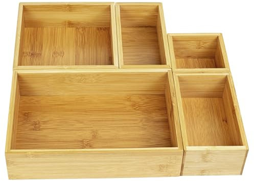 VaeFae 5-Piece Bamboo Drawer Organiser, Multi-use Wooden Drawer Dividers, Bamboo Organizer Box for Kitchen, Bathroom, Office Desk, Bedroom and Living Room