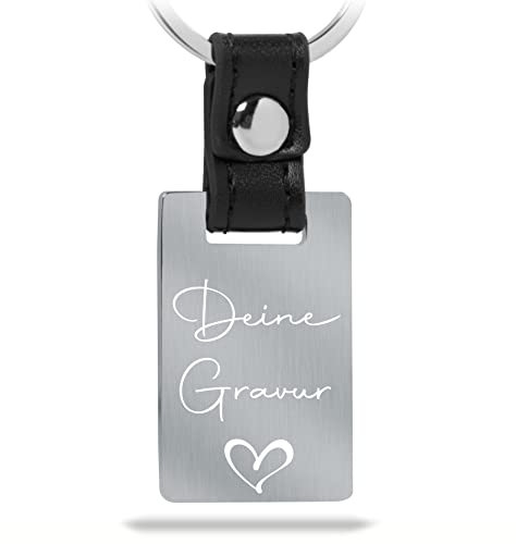 Mister Boncuk UNIQUE Schlüsselanhänger mit Gravur aus Edelstahl mit Echtleder - Personalisierbar mit Wunschgravur - Perfekt auch als Geschenkidee (Gebürstet - Weißgravur)