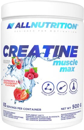 ALLNUTRITION Creatine Muscle Max Supplements Muskelaufbau Creatin Monohydrat mit Taurin - Leistungssteigerung und Muskelaufbau - ohne Zuckerzusatz Keratin Pulver Fitness 500g - RASPBERRY-STRAWBERRY