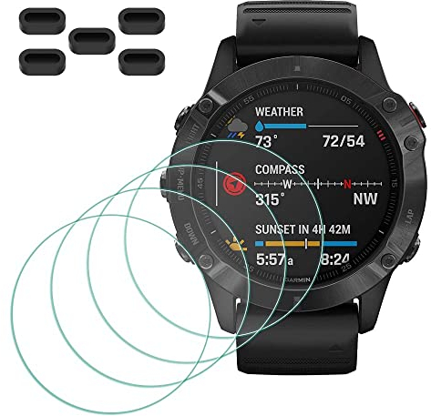 MTHGH Protection Écran pour Garmin Fenix 6/6 Pro/ 6 Multisport GPS Verre Trempé [4 pièces] + Bouchons anti-poussière 5 pièces, Protecteur d'écran Dureté 9H Anti-rayures Sans bulles Ultra Mince