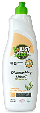 Just Green Organic Washing Up Liquid 750ml, Non-Toxic Formula, Vegan & Eco Friendly Dish Liquid, No Paraben, Hypoallergenic Dish Soap, Recyclable Bottle