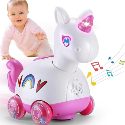 Yerloa Baby Spielzeug Geschenke für Mädchen 1 Jahr, Spielzeug ab 6 Monate 1 Jahr Mädchen mit Musik und Licht – Krabbelndes Einhorn Lernspielzeug ab 9 12 Monate – Geschenk Kleinkind