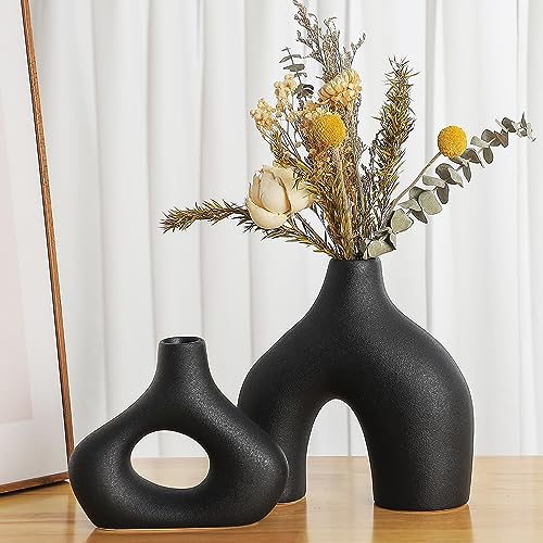 Sawoake Schwarze Keramikvase 2er Set für Moderne Wohnkultur, runde Matte Donut-Vasen für Pampasgras, neutraler Boho-nordischer Minimalismus-Stil Blumenvasen für Wohnzimmer Hochzeit