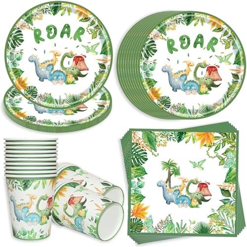 Bikasun Vaisselle Anniversaire Dinosaure 60 Pcs Assiette Dinosaure Anniversaire Dinosaure Decoration Anniversaire Vaisselle Serviettes Tasse Papier Fournitures de Fête pour Dinosaure