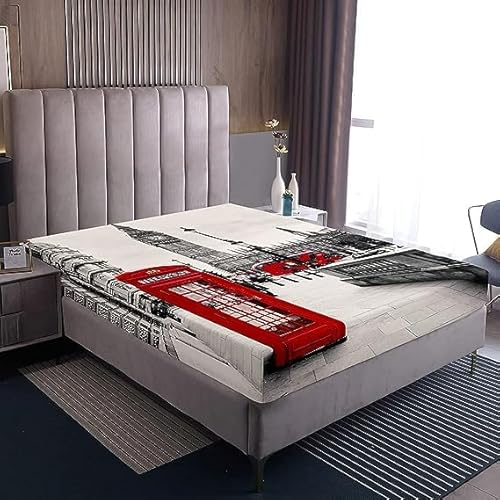 Loussiesd London Landschaft Spannbetttuch 140x200cm Big Ben Roter Bus Telefonzelle drucken Spannbettlaken Grau Rot für Jungen Mädchen Kinder Zimmer Doker Moderne Stadt Bettlaken 100% Microfaser