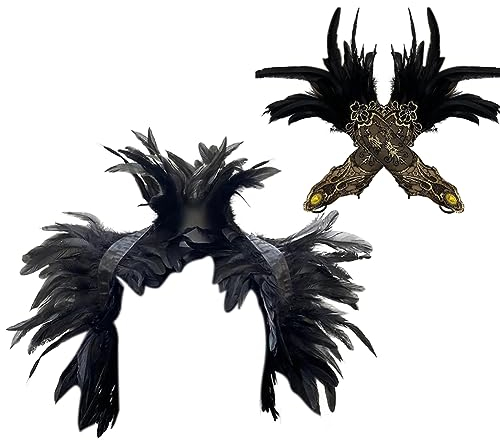 JAWSEU Damen Feder Manschetten, Natürlichen Federn Armbänder, Vintage Damen-Feder Handgelenk Manschetten Flauschig Gothic Feder Manschette Verkleidung Kostüme Manschetten (Schal + 1 Paar Armbänder)