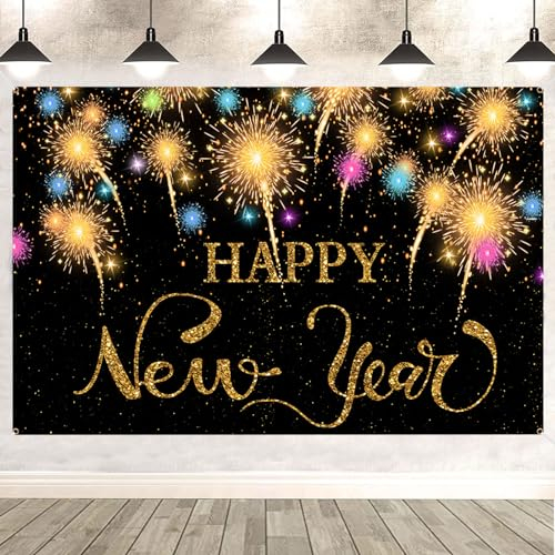 Silvester Deko Banner, 2025 Happy New Year Banner, Extra Großes Neujahrs Hintergrund Banner für Drinnen Draußen, Schwarzes Gold Silvester Dekoration mit Schnur, Silvester Partyzubehör 180 * 108CM(A)