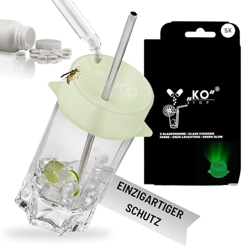 Ko Stop | Silikondeckel Getränke Schutz vor Ko Tropfen | 5er Set | Glasabdeckung leuchtend | Wiederverwendbare Abdeckung für Gläser | Garten | Camping | Festival | Party (Grün 5er Pack, 6-8 cm)