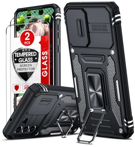 LeYi Kameraschutz Hülle für Samsung Galaxy S21 FE 5G Handyhülle [2 Glasfolie Schutzfolie], Militär Standard Handy Hüllen Ständer Schutzhülle Kamera Schutz Cover Schiebeabdeckung S21fe Case Schwarz