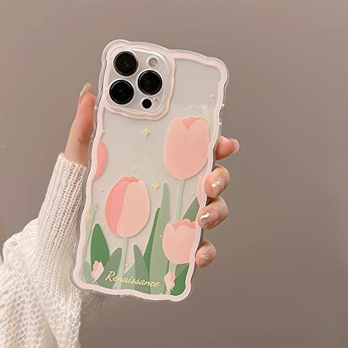 EYZUTAK Case for iPhone 15 Pro Max, Cute Pink Tulip Flower Pattern Curly Wave Frame Shape Lace Design Phone Case Clear Slim Soft TPU Shockproof Protective Cover for Women Girls - Pink