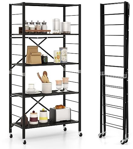 GIANTEX Estantería modular y plegable, estantería metálica con 5 estantes ajustables y 8 ruedas, mueble modular multiusos con ruedas para garaje, cocina, despensa y oficina