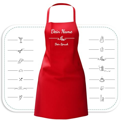 Schürze personalisiert mit Motiv & Wunschtext bestickt - Individuell personalisierte Kochschürze aus hochwertiger Baumwolle als besonderes Geschenk (Rot)