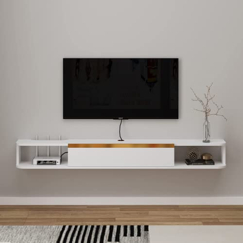 Meuble TV Suspendu,Étagère TV Flottante, Support de Télévision Flottant Fixé au Mur Centre de Console Multimédia de Divertissement Grande Armoire de Rangement pour Bureau à Domicile (140cm, Blanc)