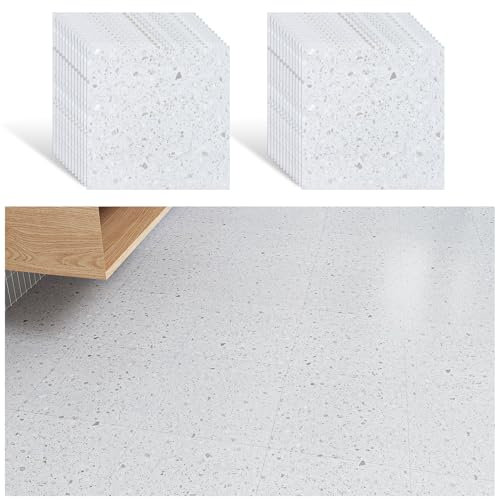 VEELIKE PVC Bodenbelag Granit Weiß Klebefliesen Boden Vinylboden Selbstklebende Fliesen Terrazzo Weiß Venylbodenbelag Selbstklebend Fliesenoptik Bodenfliesen Badezimmer Küche 30cm×30cm 24 Stück