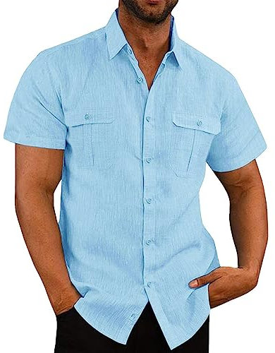 Linen Shirts Men Short Sleeve Button Down Casual Shirts Summer Hawaiian Lapel Blouses Cotton Linen Shirt Regular Fit Holiday Beach Shirt Solid Henley Shirt with Pocket UK Size 8-22 Clearance