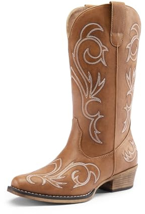 DREAM PAIRS Women's Slip-on Mid-Calf Cowboy Boots | 7.67 shaft, side zip, PU upper, pleated design, ankle protection, for parties/proms