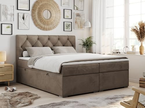 MKS MEBLE Boxspringbett 120x200 cm mit Matratze und Topper T25, Boxspringbett mit Bettkasten und Kopfteil - Alda - H3 Braun Velvet