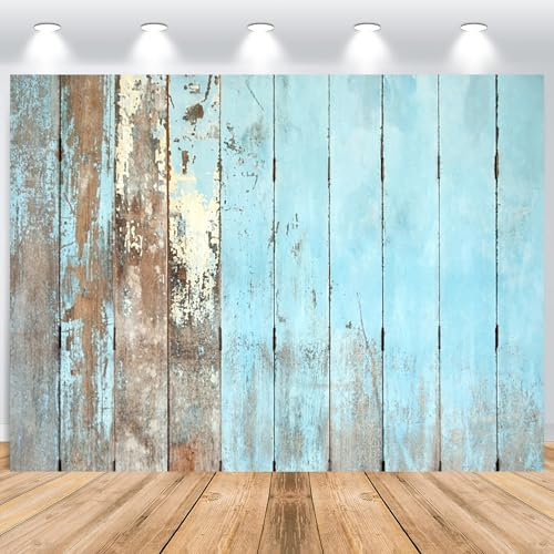 ASDCXZ Holz Foto Hintergrund 2.2x1.5m, Retro Blau Braun Rustikale Holzwand Fotowand Hintergrund, Vinyl Fotobox Hintergrund für Baby Dusche Geburtstag Party Kuchen Tischdekoration Fotokabine Prop