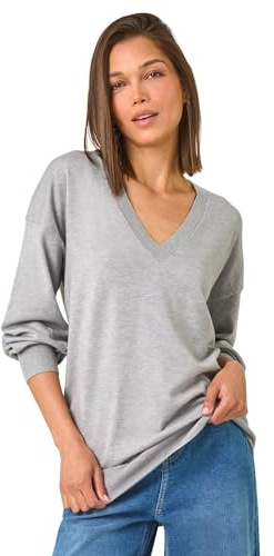 Roman Originals V-Neck Jumper for Women UK Ladies Boyfriend Fit Slouch Sweater Winter Autumn Textured Casual Flattering Knit Pullover Knitwear Daywear Lightweight Lounge - Plain Grey - Size 14