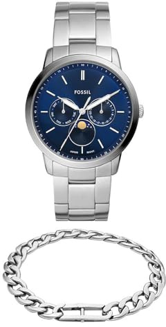 Fossil Herren Neutra Silber-Ton Edelstahl-Uhr und Heritage Armband, Set