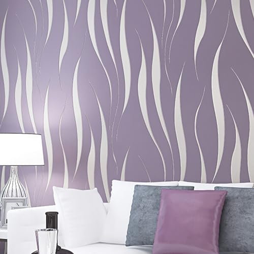Pamatio Sliver Glitter Wave Pattern Effect Wallpaper - Non-Woven Modern Embossed Featured Wallpaper for Bedroom & Living Room, 53 x 950cm (Purple)