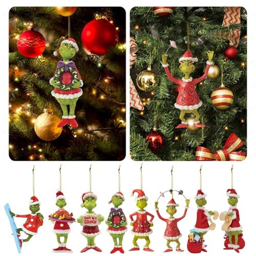 8 piezas Grinch - Decoraciones navideñas, adornos colgantes, decoración de árbol de Navidad, hogar, automóvil, fiesta, decoraciones navideñas (verde 01)