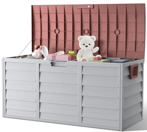 The Fellie Outdoor Storage Box with Wheels, 290L Lockable Garden Storage Box Waterproof, Plastic Garden Storage Box for Garden Tools, Cushions, Toys, 112x49x54cm, Grey