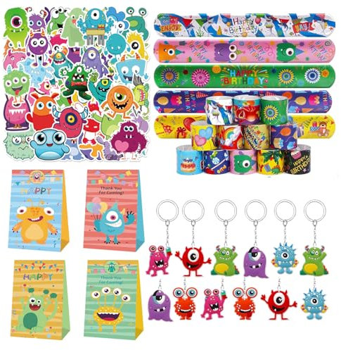 Eymobad 86PCS Monster Party Mitgebsel Set,Monster Theme Party Geschenke,Monster Geburtstag Party Deko Mit Schlüsselanhänger Geschenktüten Aufkleber Schnapparmbänder,für Jungen Mädchen Gastgeschenke