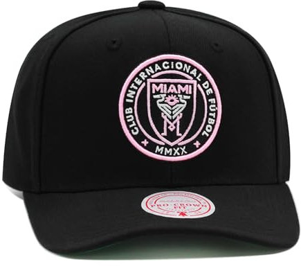 Mitchell & Ness Inter Miami CF MLS Team Ground 2.0 Pro Snapback Hat Cap Precurved - Schwarz/Hellrosa, Schwarz, Einheitsgr��e