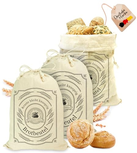 AH® Brotbeutel Leinen 30x40 cm Brotsack zur Brotaufbewahrung 3er Set | Brotsack zum frischhalten –leinenbeutel für Brot wiederverwendbar &ideal für selbstgebackenes Brot Brötchen und Sauerteig