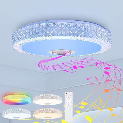 LZQ LED Deckenlampe Dimmbar mit Bluetooth Lautsprecher und APP-Steuerung, 48W RGB Deckenleuchte mit Fernbedienung, Partylicht Farbwechsel Lampe 2800-6500K für Wohnzimmer, Kinderzimmer, Badezimmer